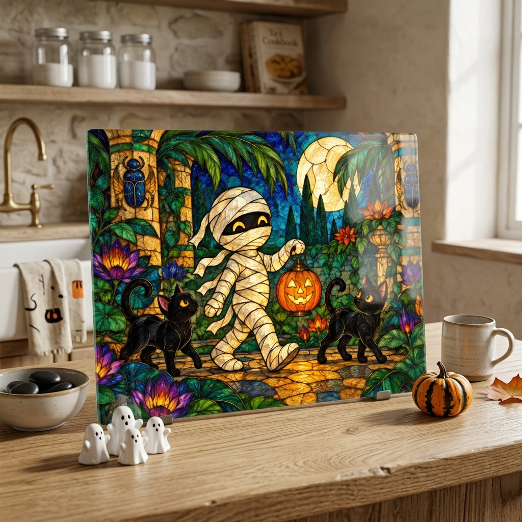 Halloween Mummy Personalized Glass Cutting Board, Spooky Kitchen Decor - Mallard Moon