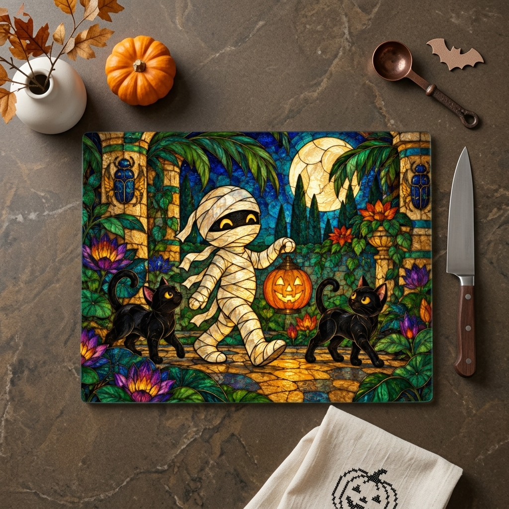 Halloween Mummy Personalized Glass Cutting Board, Spooky Kitchen Decor - Mallard Moon