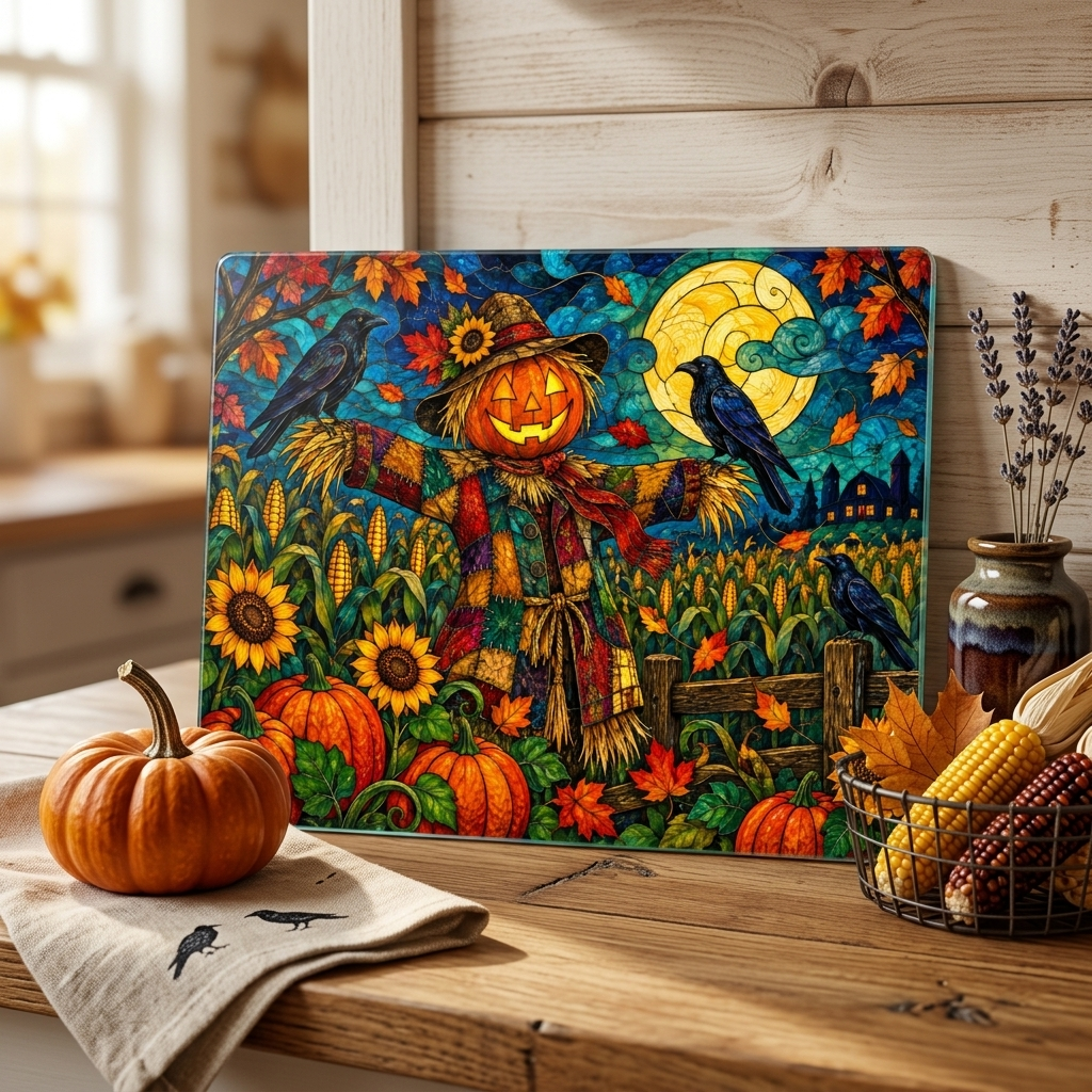 Halloween Scarecrow Personalized Glass Cutting Board, Spooky Pumpkin Kitchen Decor