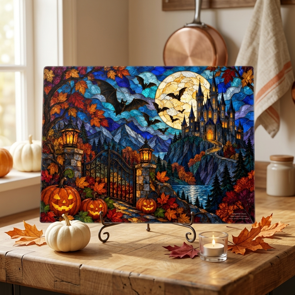 Halloween Castle Personalized Glass Cutting Board, Gothic Haunted House Kitchen Decor - Mallard Moon