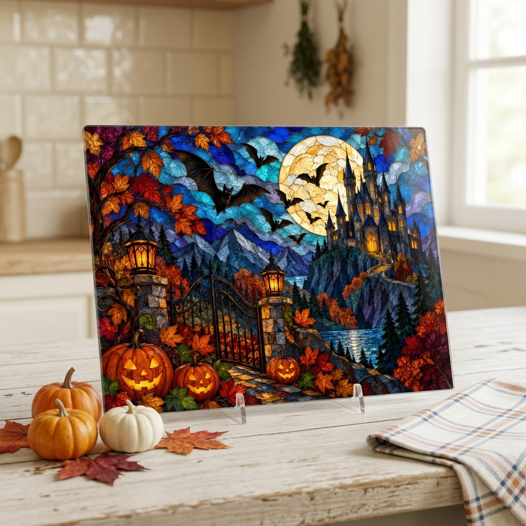 Halloween Castle Personalized Glass Cutting Board, Gothic Haunted House Kitchen Decor - Mallard Moon