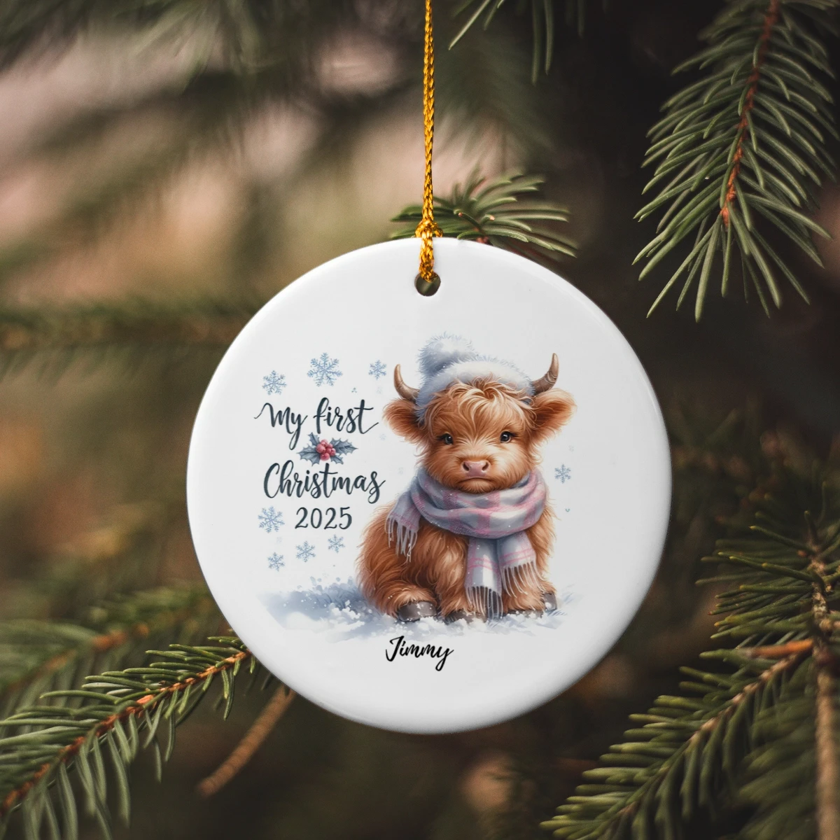 My First Christmas 2025 Highland Calf Ornament – Baby’s First Christmas Keepsake, Cute Newborn Gift, Durable MDF Ornament with Gold Cord