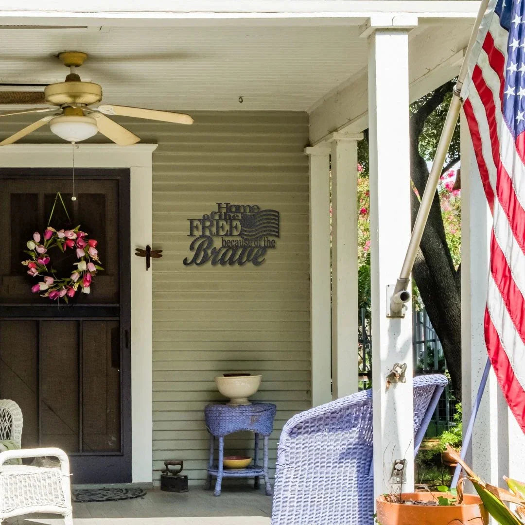 Home of the Free Because of the Brave Metal Wall Art – Patriotic American Flag Sign – Handmade Steel Indoor/Outdoor Décor (5 Sizes, 5 Colors)