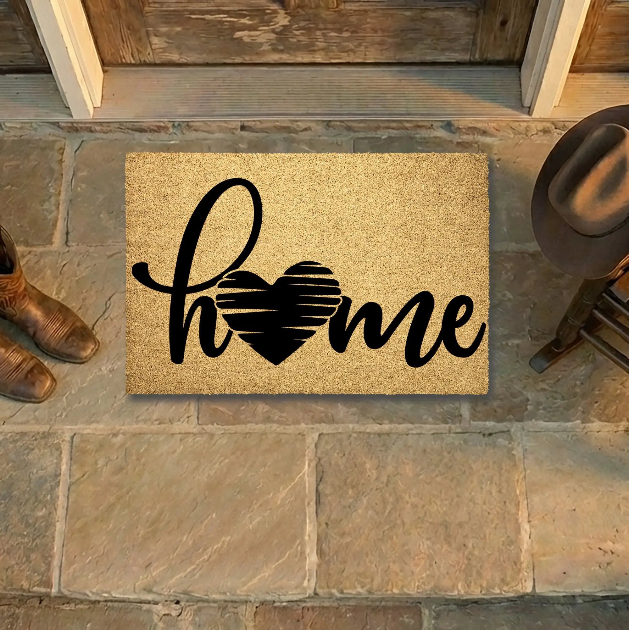 Home Heart Coir Doormat – Rustic Farmhouse Welcome Mat | Minimalist Entryway Décor | Everyday Porch Rug with Script Heart Design