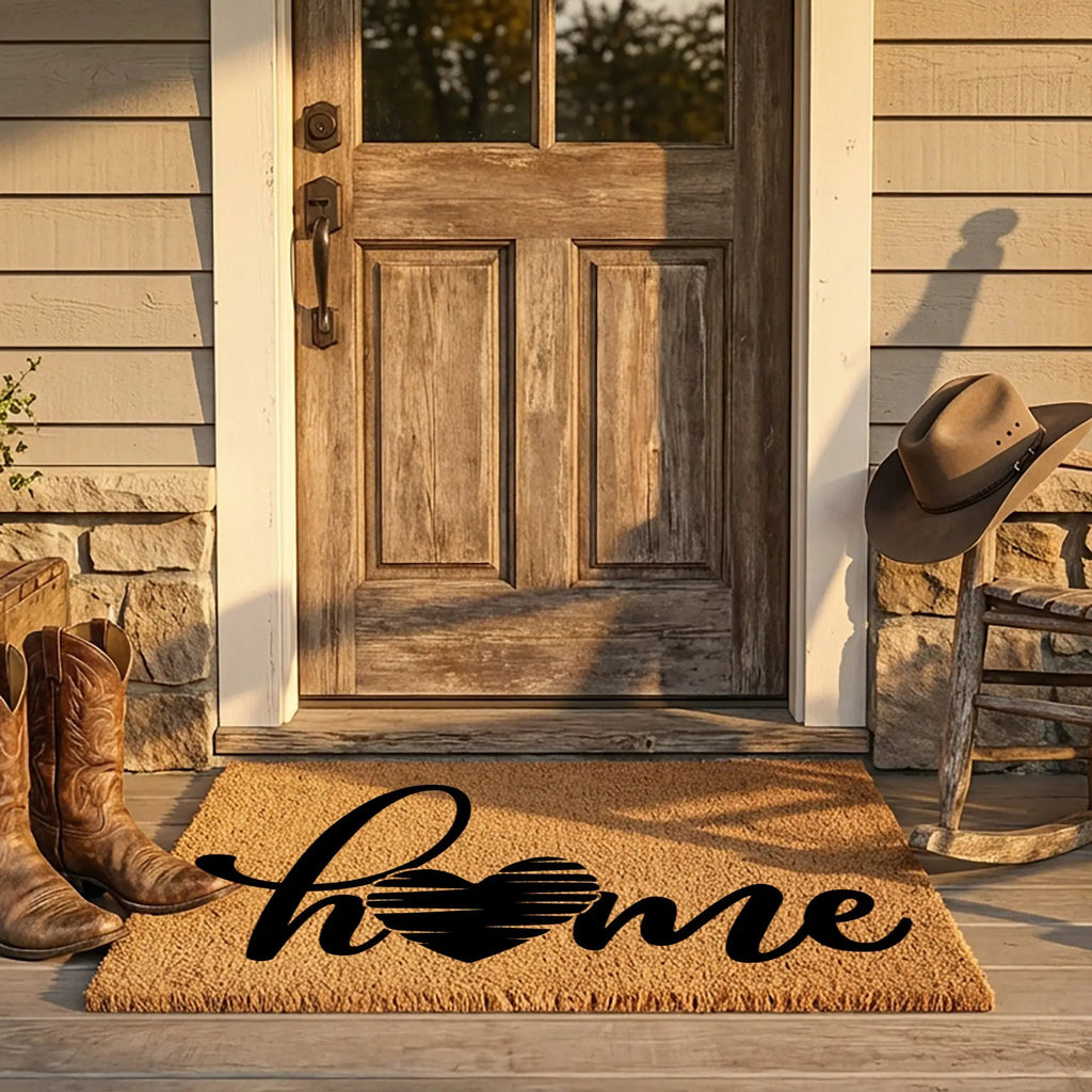 Home Heart Coir Doormat – Rustic Farmhouse Welcome Mat | Minimalist Entryway Décor | Everyday Porch Rug with Script Heart Design