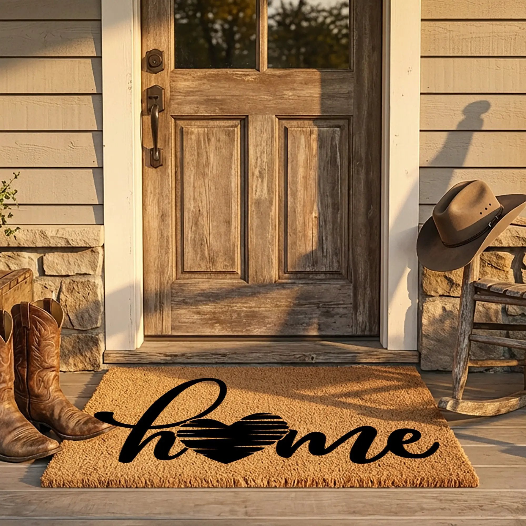 Home Heart Coir Doormat – Rustic Farmhouse Welcome Mat | Minimalist Entryway Décor | Everyday Porch Rug with Script Heart Design
