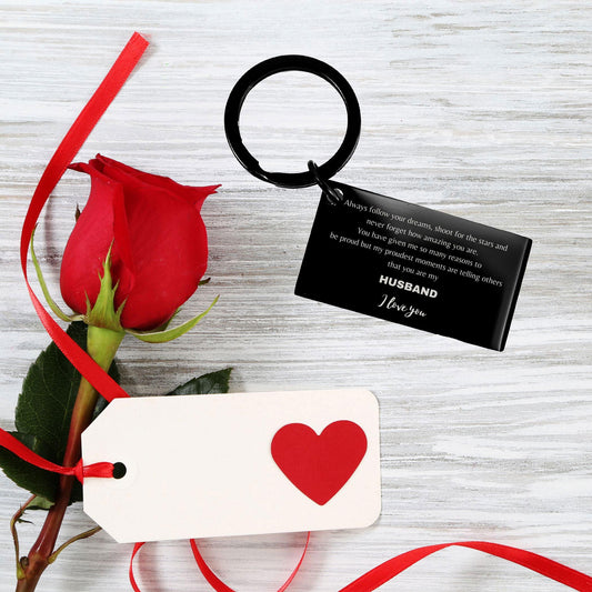 Husband Black Engraved Keyring - Always Follow your Dreams - Birthday, Christmas Holiday Jewelry Gift - Mallard Moon Gift Shop