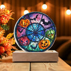 Spooky Halloween Decor Round Acrylic Plaque with Lighted LED Wooden Base
