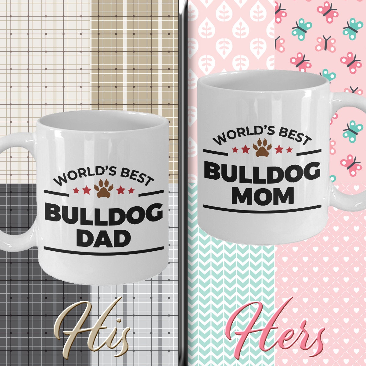 Bulldog Dog Dad and Mom Couple Mug - Set of 2 -His and Hers - Mallard Moon Gift Shop