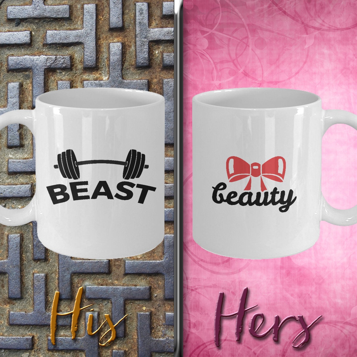 Beauty and Beast Coffee Mug - Set of 2 - His and Hers - Romantic Gift - Anniversary Wedding Engagement - Mallard Moon Gift Shop