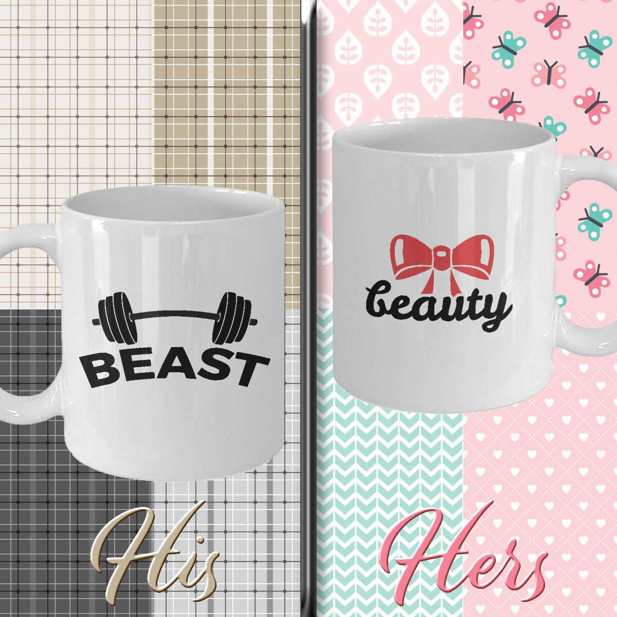 Beauty and Beast Coffee Mug - Set of 2 - His and Hers - Romantic Gift - Anniversary Wedding Engagement - Mallard Moon Gift Shop