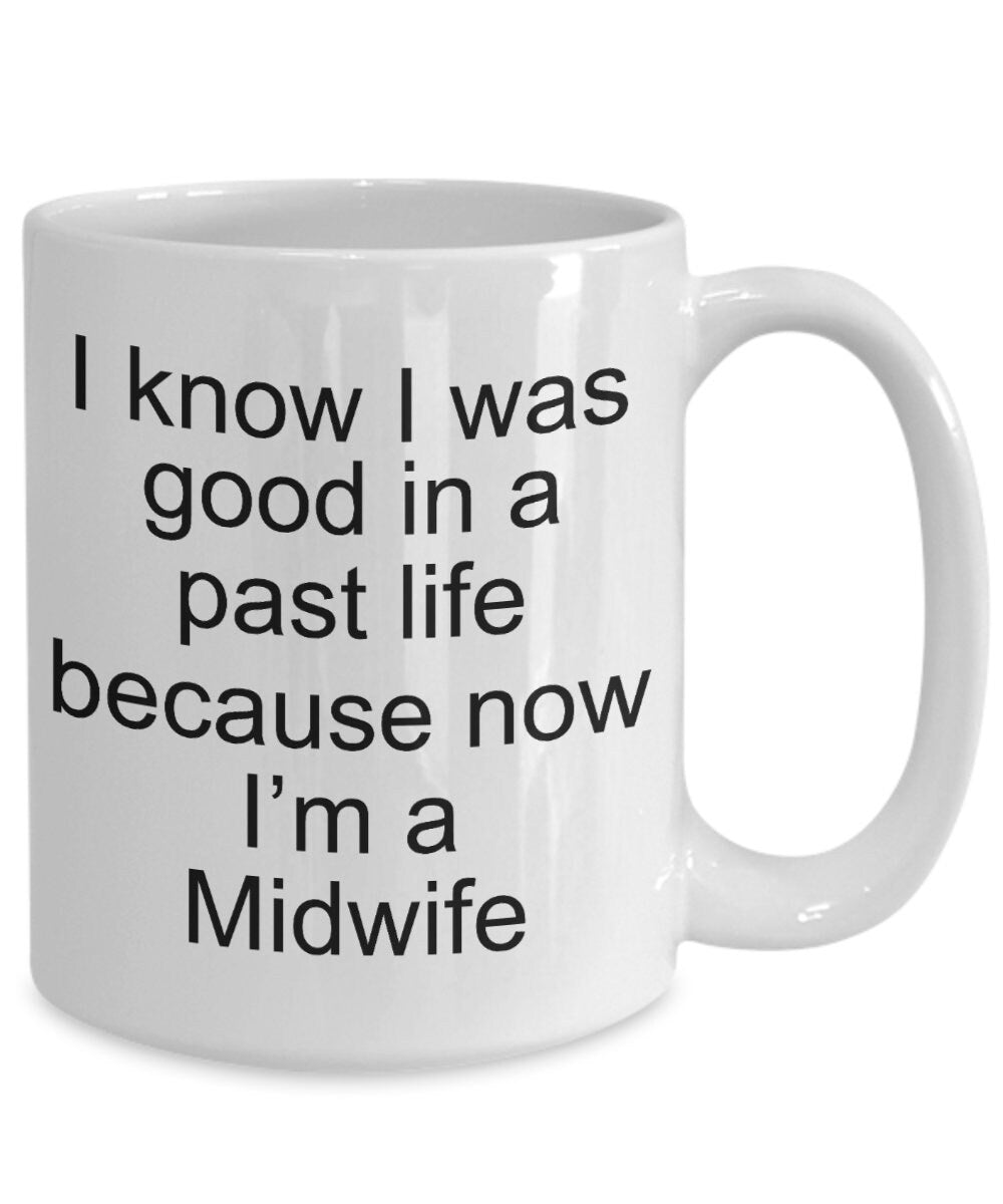 Funny Midwife Coffee Mug white, two tone black, navy, red, pink - Mallard Moon Gift Shop