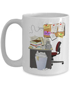 Cluttered office desk golf theme mug