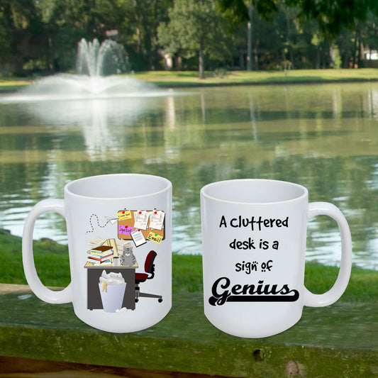 Cluttered office desk golf theme mug