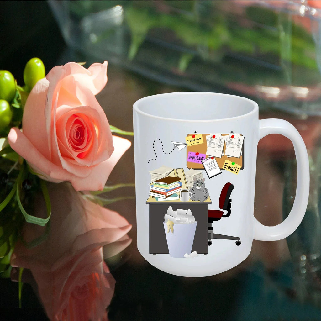 Cluttered office desk golf theme mug
