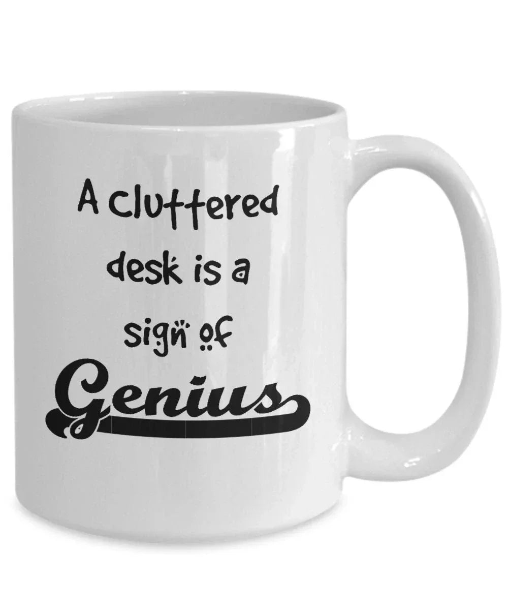 Cluttered office desk golf theme mug