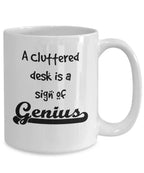 Cluttered office desk golf theme mug