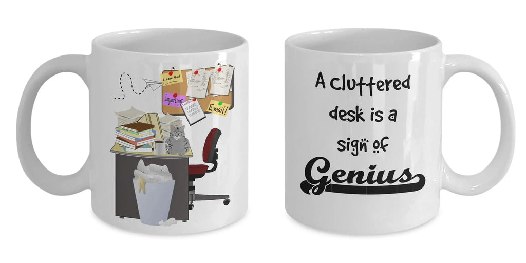 Cluttered office desk golf theme mug