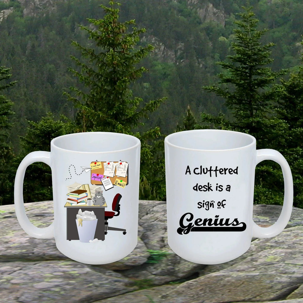 Cluttered office desk golf theme mug