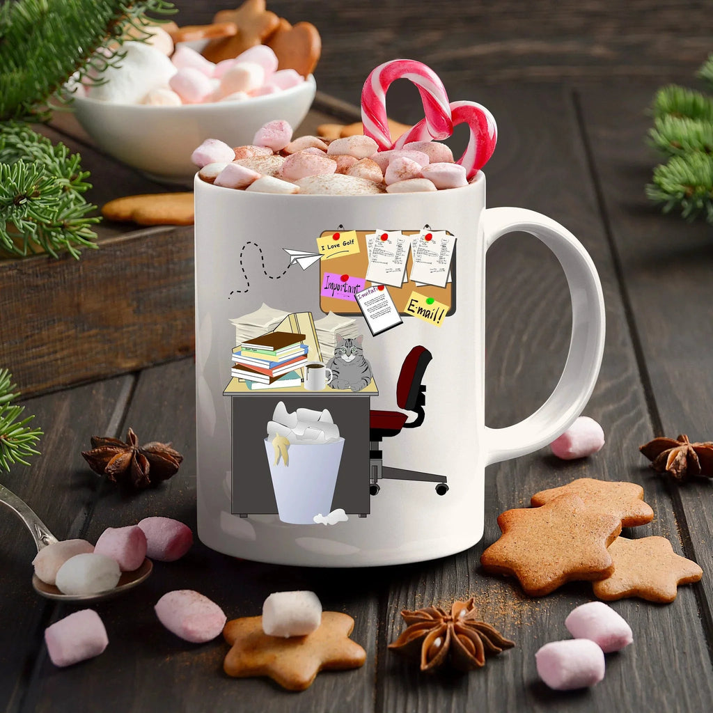 Cluttered office desk golf theme mug