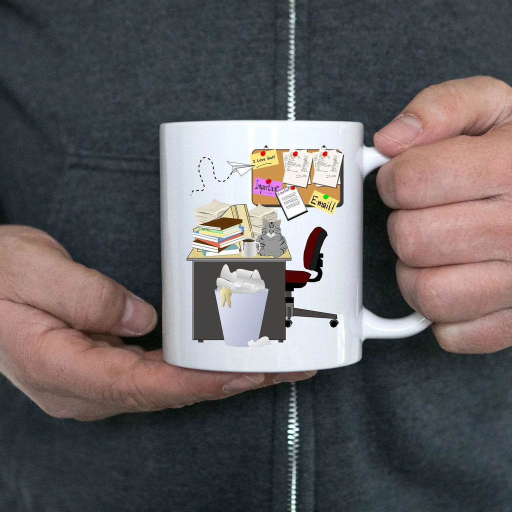 Cluttered office desk golf theme mug
