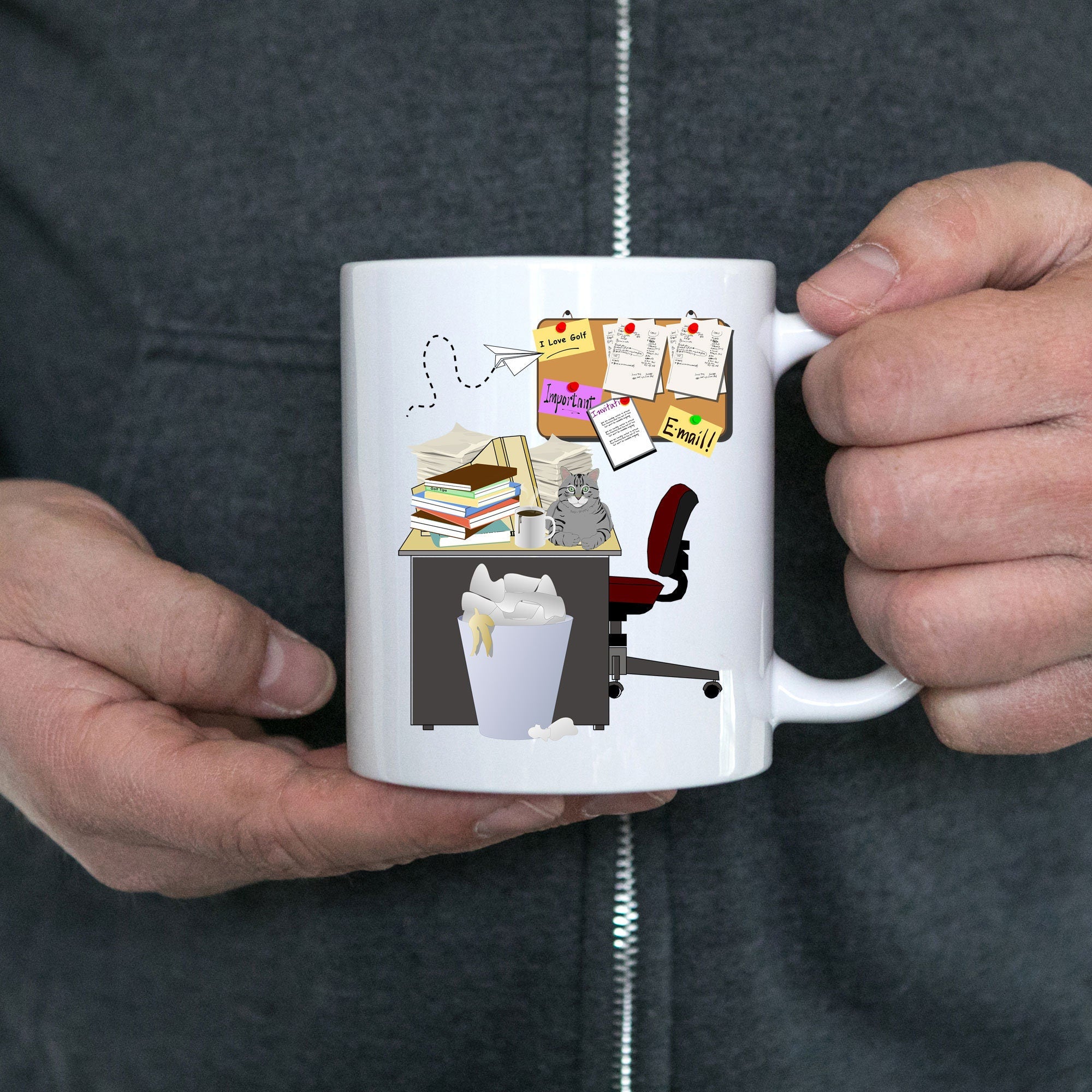 Cluttered office desk golf theme mug - Mallard Moon Gift Shop