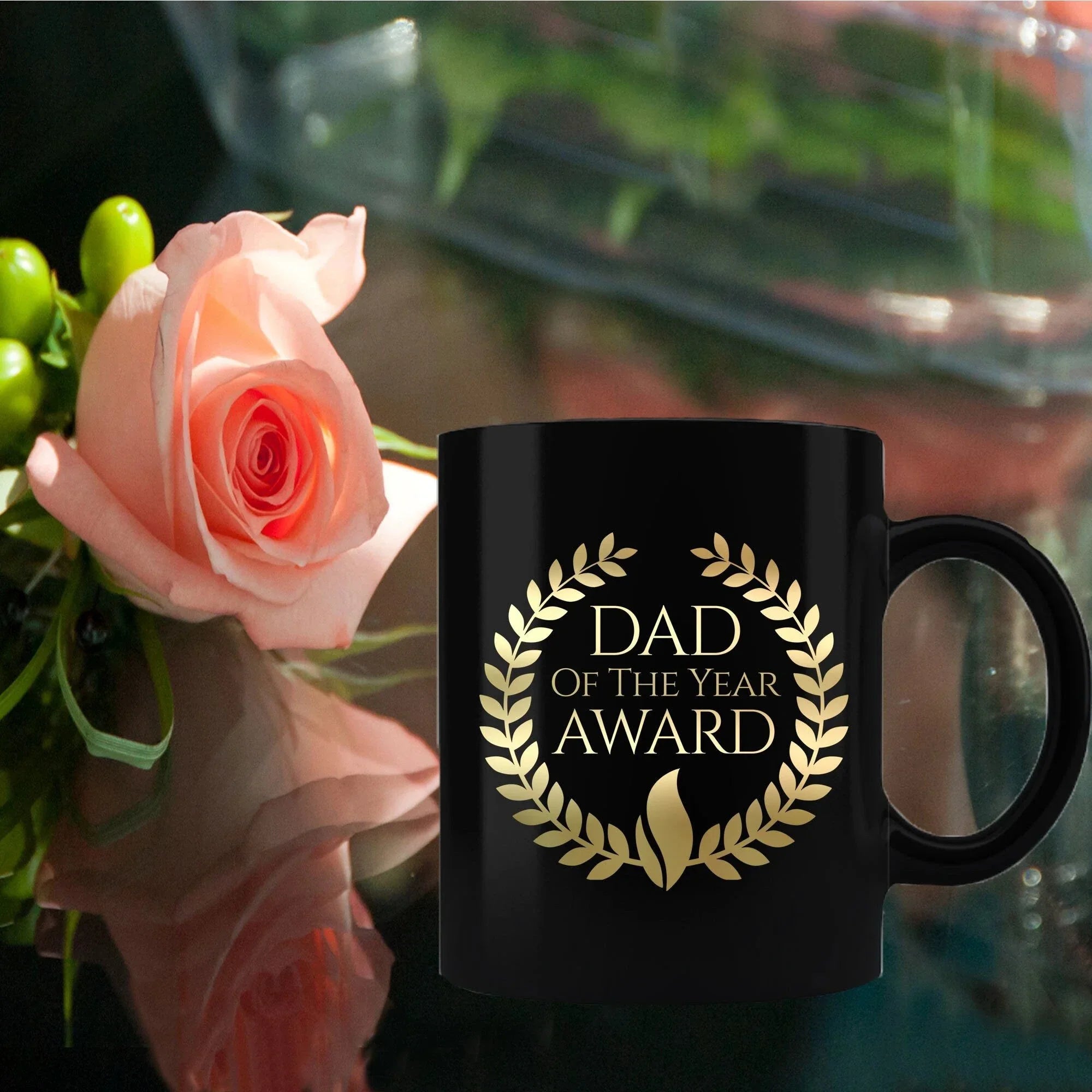 Dad of the Year Award Gold lettering on black mug