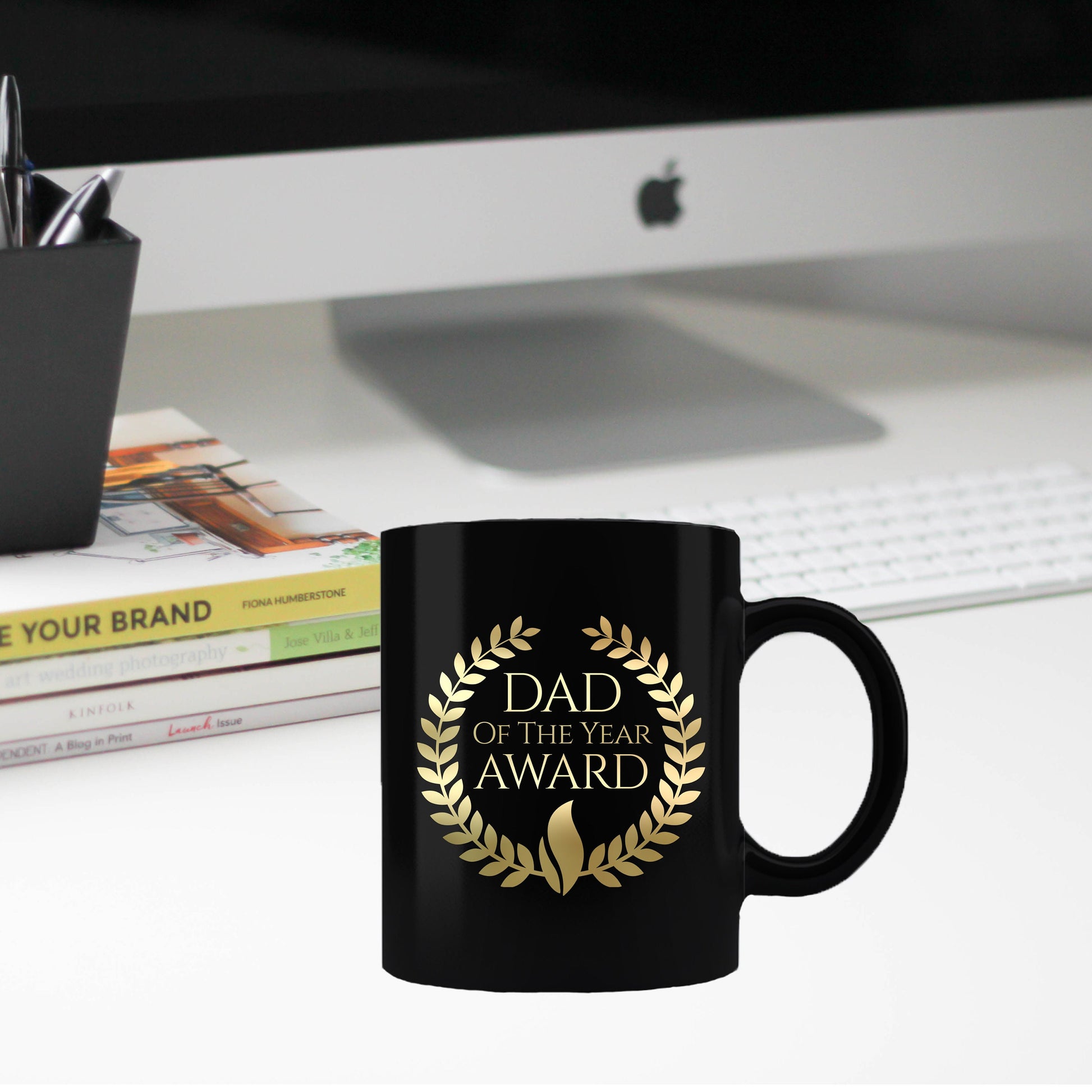 Dad of the Year Award Gold lettering on black mug - Mallard Moon Gift Shop