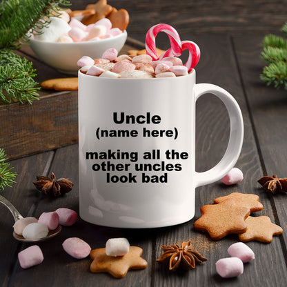 Custom Uncle Mug - Personalized mug for your favorite uncle white ceramic coffee cup, two-tone black, navy, red, pink - Mallard Moon Gift Shop