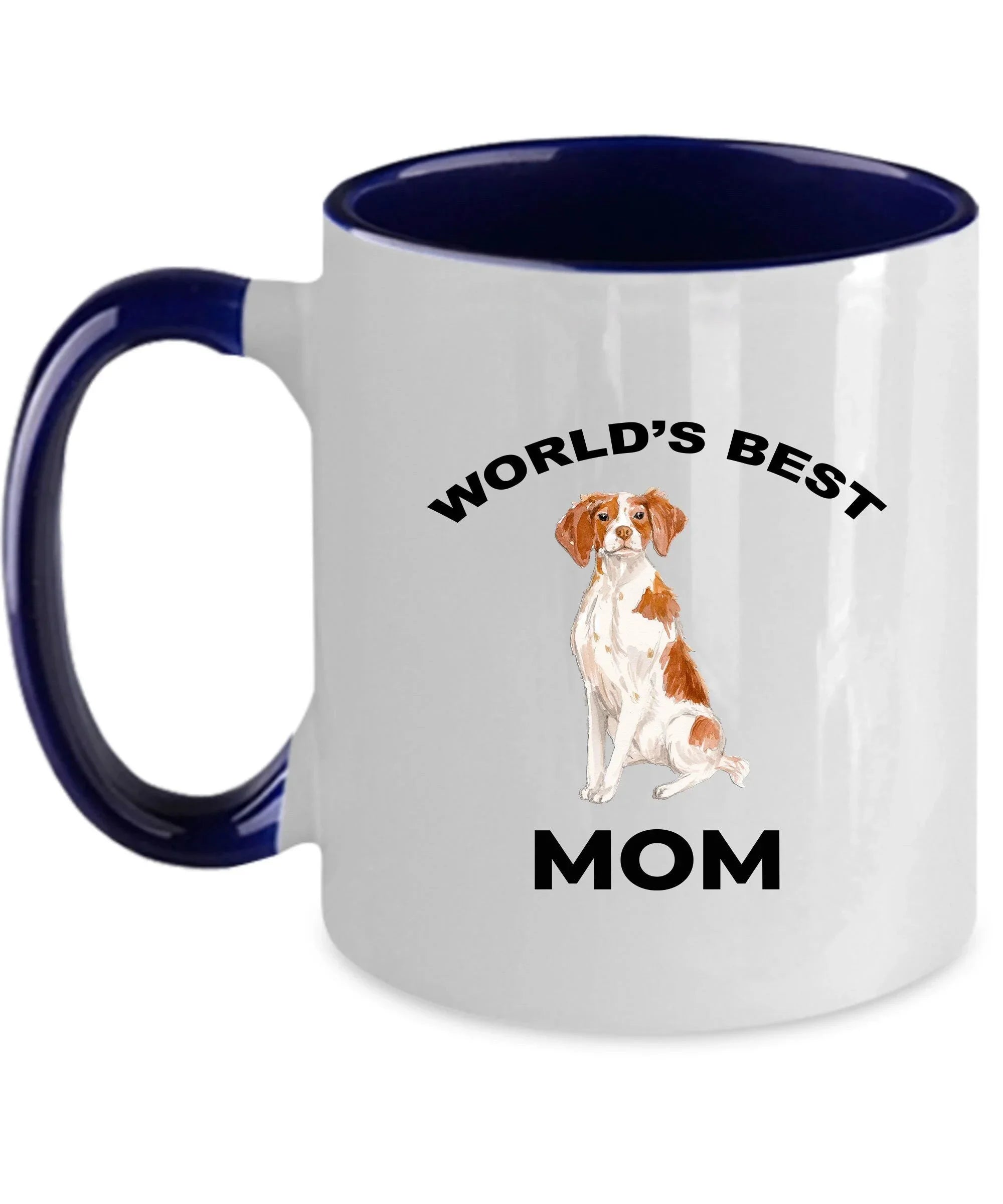 Brittany Spaniel Dog Mom Coffee Mug -White, Pink, Red, Navy and Black Two Tone