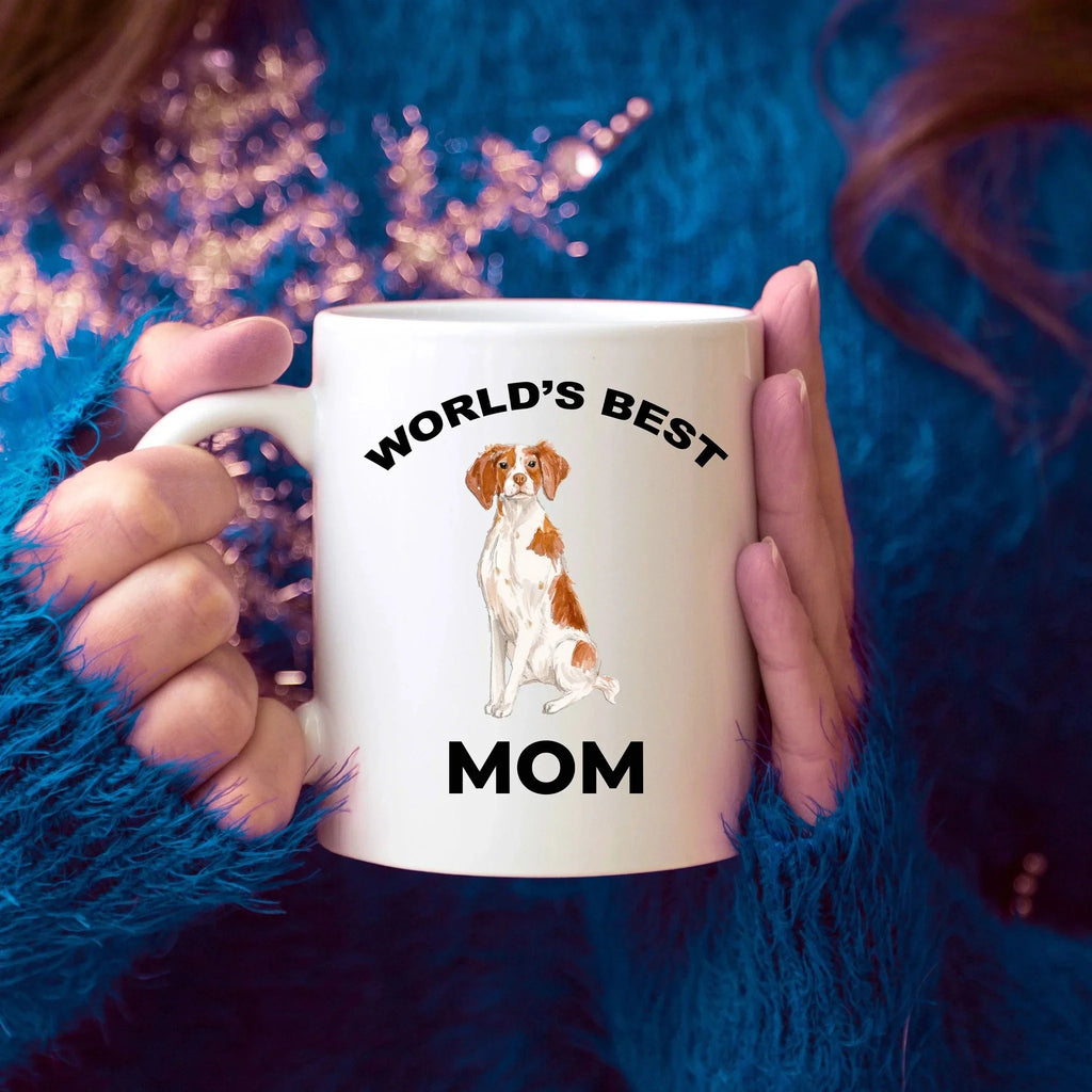 Brittany Spaniel Dog Mom Coffee Mug -White, Pink, Red, Navy and Black Two Tone