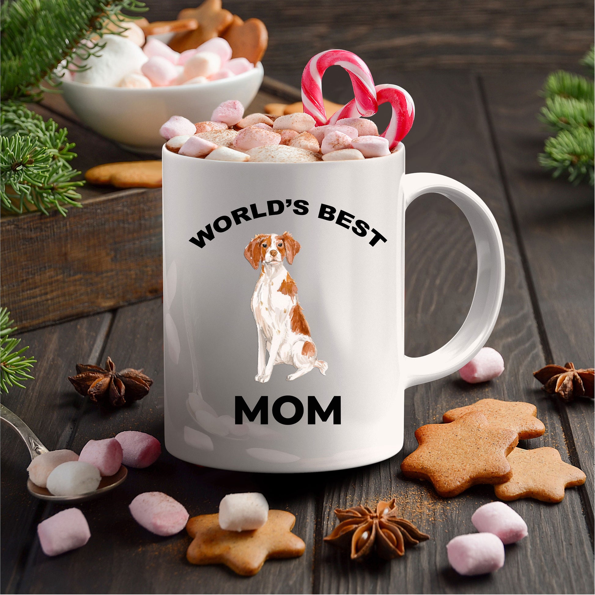 Brittany Spaniel Dog Mom Coffee Mug -White, Pink, Red, Navy and Black Two Tone - Mallard Moon Gift Shop