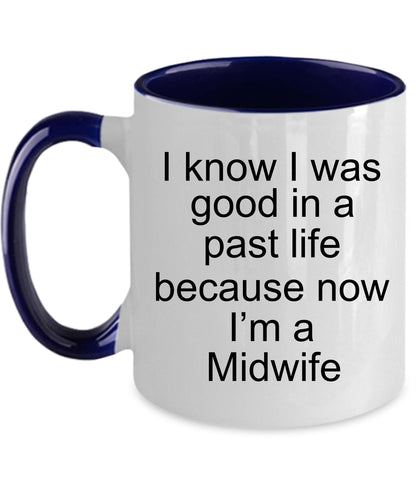 Funny Midwife Coffee Mug white, two tone black, navy, red, pink - Mallard Moon Gift Shop