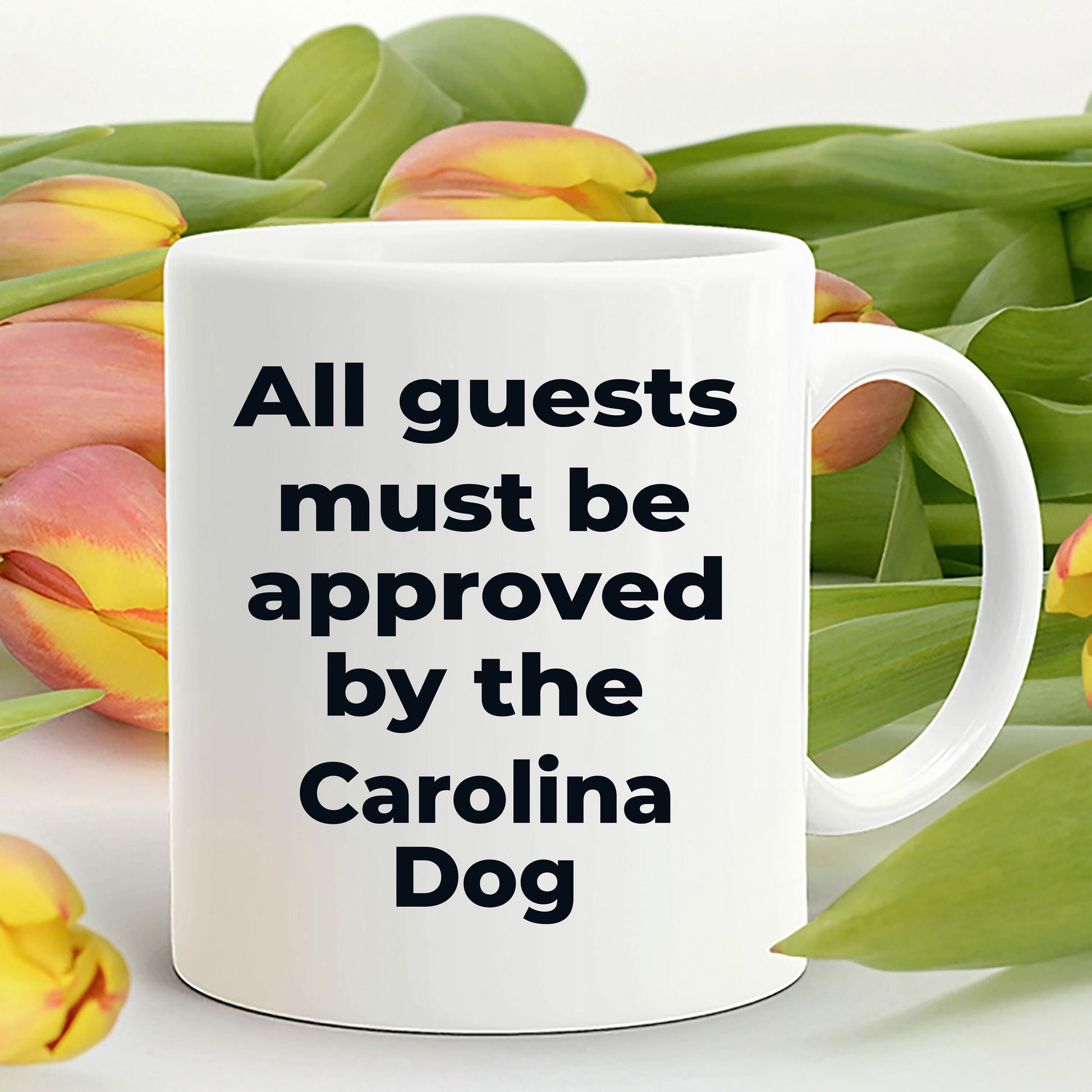 Carolina Dog funny coffee mug white and color two tone - All guests must be approved by the Carolina Dog - Mallard Moon Gift Shop