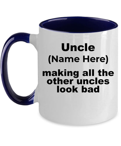 Custom Uncle Mug - Personalized mug for your favorite uncle white ceramic coffee cup, two-tone black, navy, red, pink - Mallard Moon Gift Shop