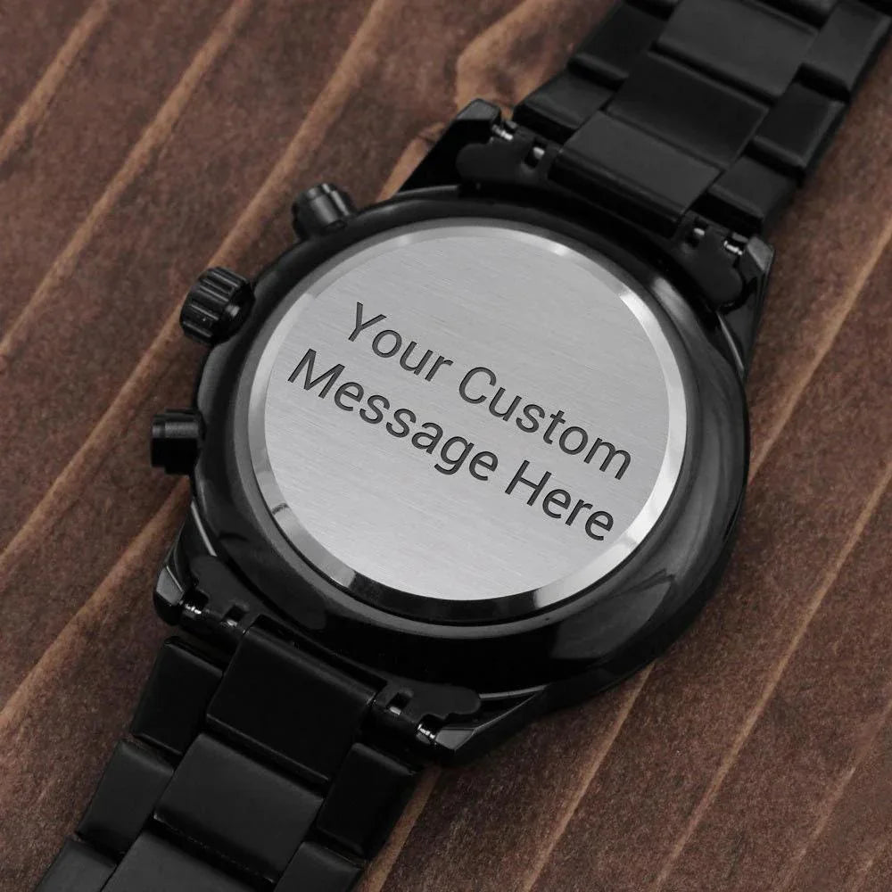 Custom Engraved Black Chronograph Wrist Watch Father's Day Birthday Best Gift for Men Dad Husband Boss Boyfriend