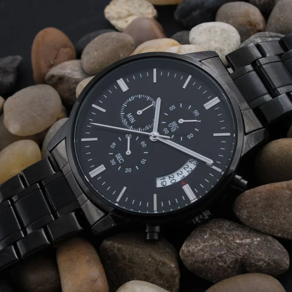 Dad Custom Engraved Black Chronograph Wrist Watch Father's Day Birthday Best Gift