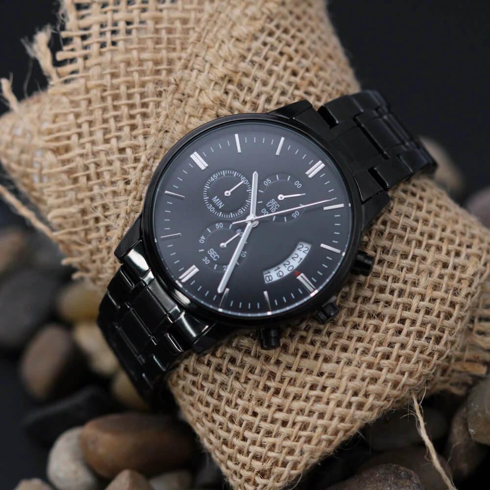 Dad Custom Engraved Black Chronograph Wrist Watch Father's Day Birthday Best Gift