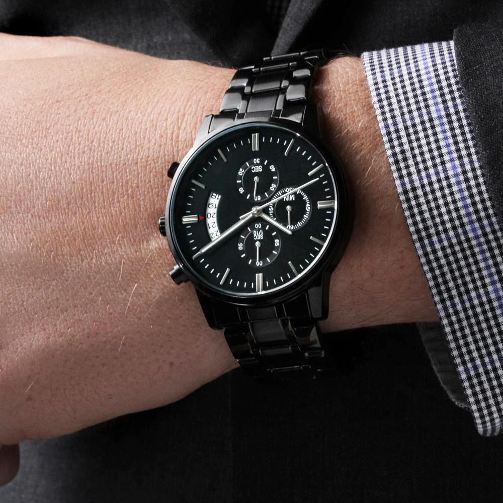 Custom Engraved Black Chronograph Wrist Watch Father's Day Birthday Best Gift for Men Dad Husband Boss Boyfriend