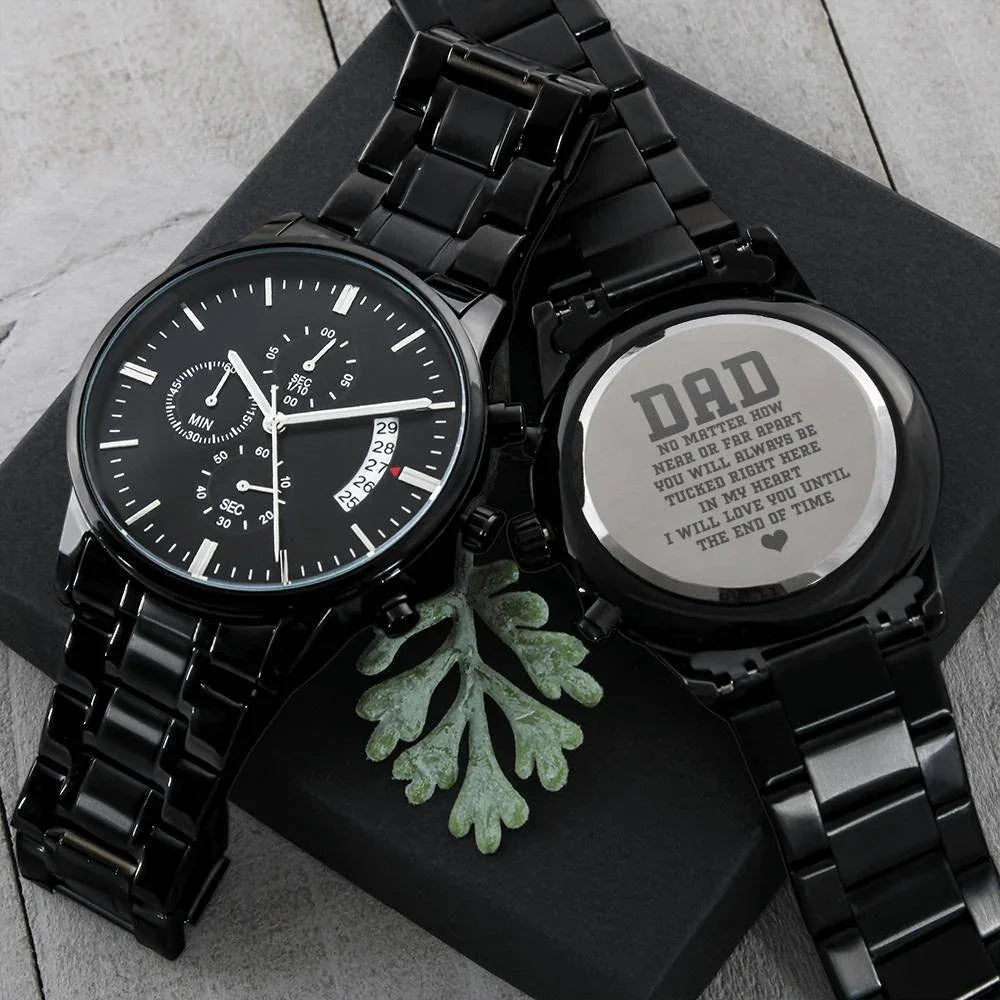 Dad Custom Engraved Black Chronograph Wrist Watch Father's Day Birthday Best Gift