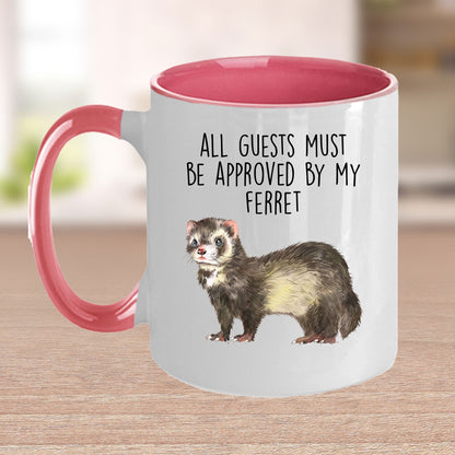 Funny Ferret Custom coffee mug - white ceramic and two tone color - All Guests Must be Approved By My Ferret - Mallard Moon Gift Shop