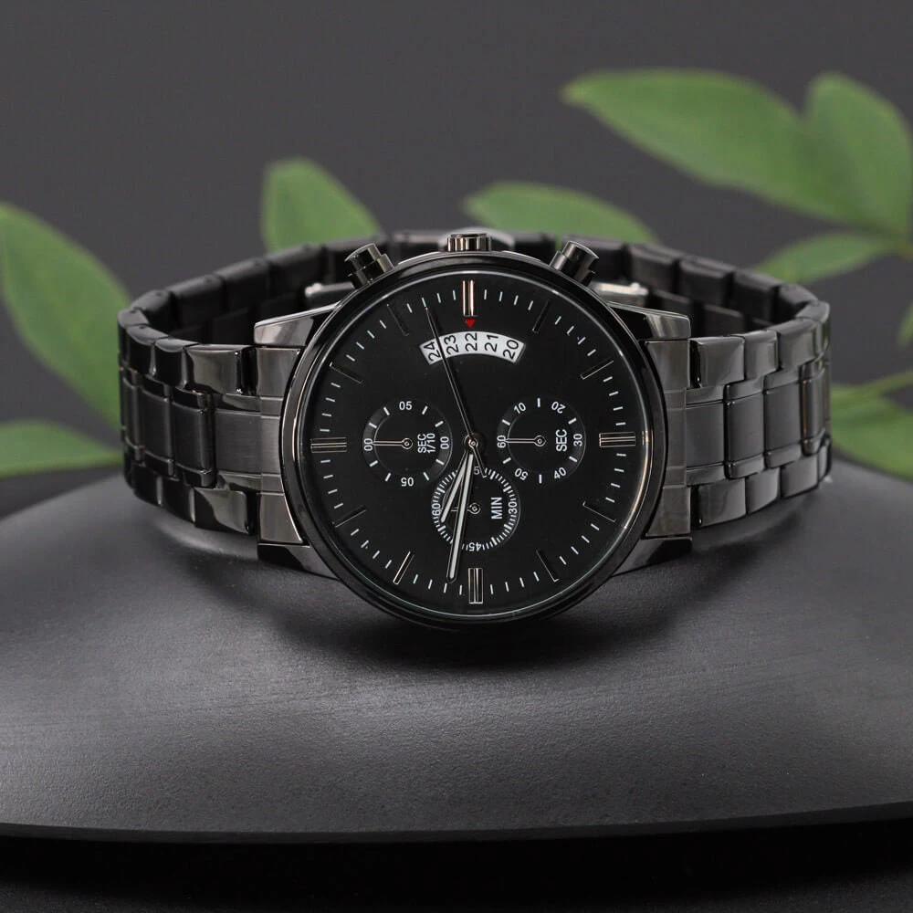 Dad Custom Engraved Black Chronograph Wrist Watch Father's Day Birthday Best Gift