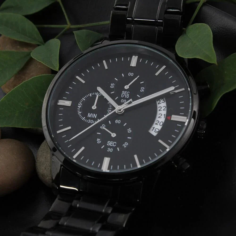 Custom Engraved Black Chronograph Wrist Watch Father's Day Birthday Best Gift for Men Dad Husband Boss Boyfriend