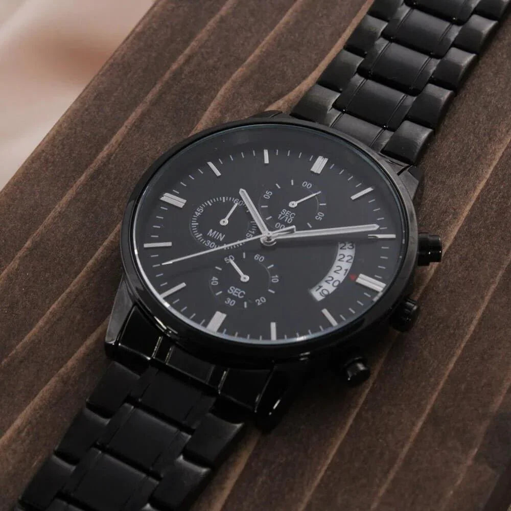Custom Engraved Black Chronograph Wrist Watch Father's Day Birthday Best Gift for Men Dad Husband Boss Boyfriend
