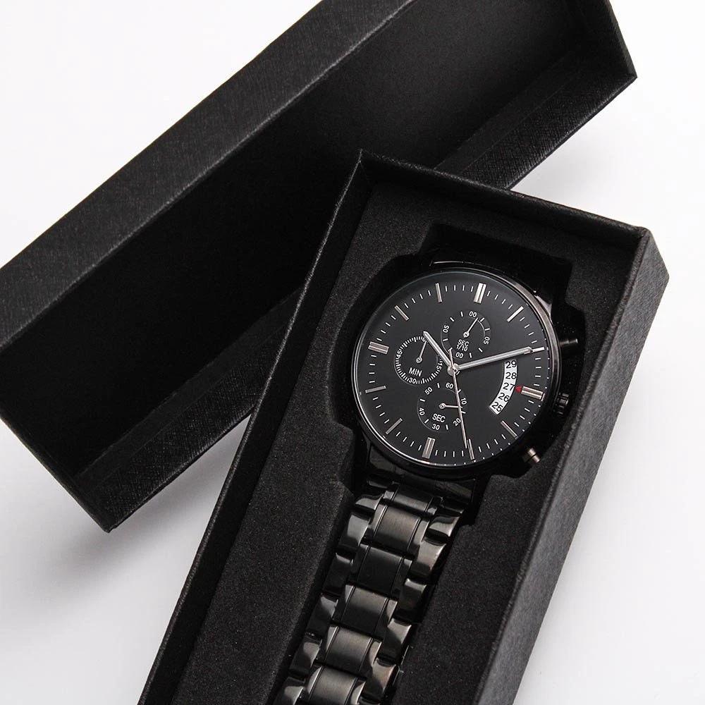 Custom Engraved Black Chronograph Wrist Watch Father's Day Birthday Best Gift for Men Dad Husband Boss Boyfriend