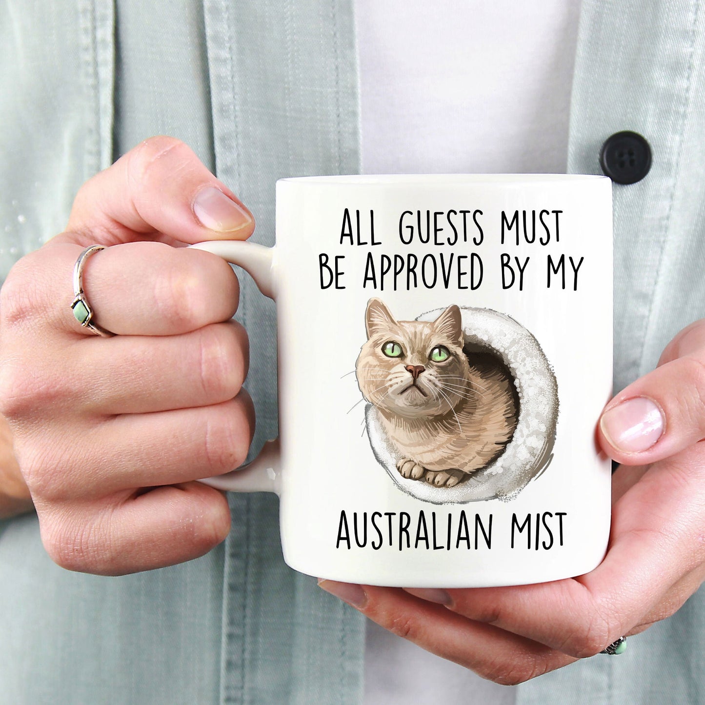 Australian Mist Cat Funny Coffee Mug - All Guests Must Be Approved - Mallard Moon Gift Shop