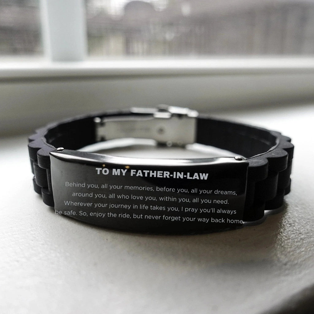 Inspirational Father-In-Law Handmade Engraved Black Glidelock Clasp Bracelet - Behind you, all your Memories, Before you, all your Dreams - Birthday, Christmas Holiday Gifts