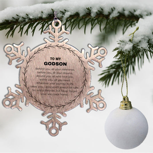 Inspirational Godson Snowflake Ornament - Behind you, all your Memories, Before you, all your Dreams - Birthday, Christmas Holiday Gifts - Mallard Moon Gift Shop