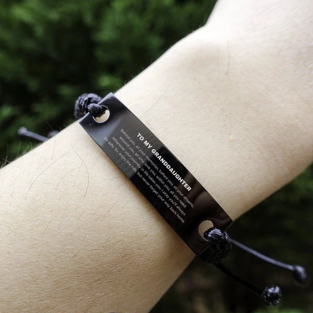 Inspirational Granddaughter Engraved Black Rope Bracelet - Behind you, all your Memories, Before you, all your Dreams - Birthday, Christmas Holiday Gifts