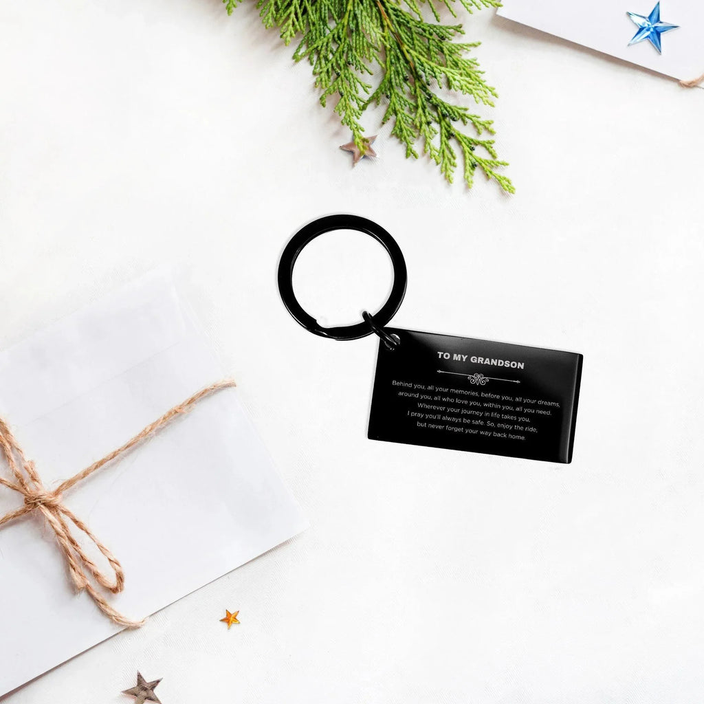 Inspirational Grandson Black Engraved Keychain - Behind you, all your Memories, Before you, all your Dreams - Birthday, Christmas Holiday Gifts